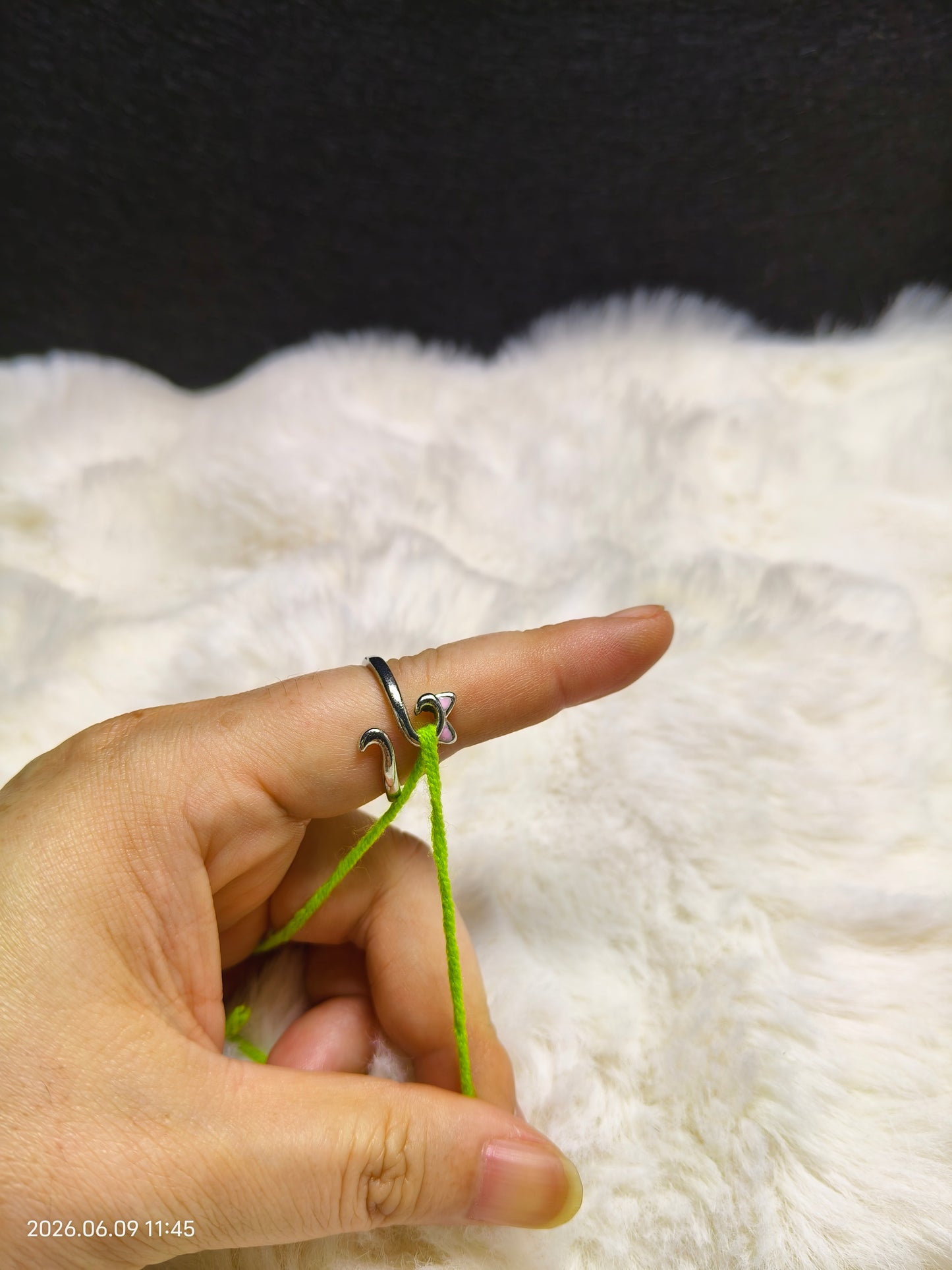 Crochet Tension Ring – Pink Cat Ears + Silver Adjustable Band | Yarn Guide for Even Stitches
