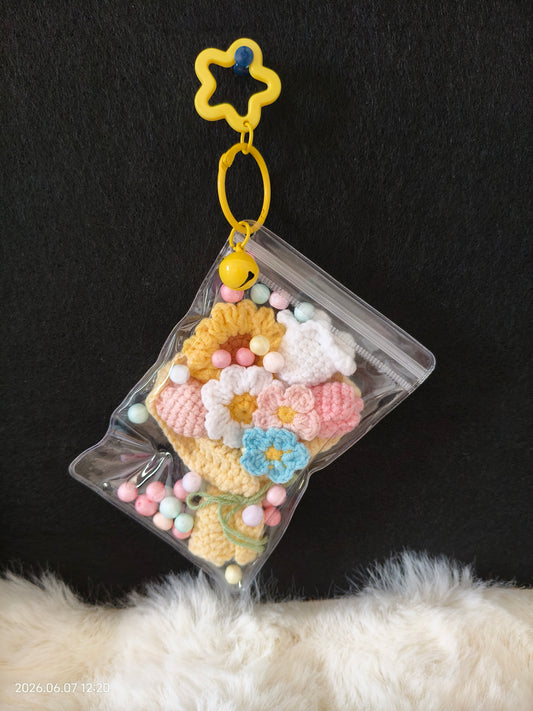 Crochet Mini Bouquet Pendant | Handmade Flower Bunch in Clear Bag with Beads for Bag or Keychain