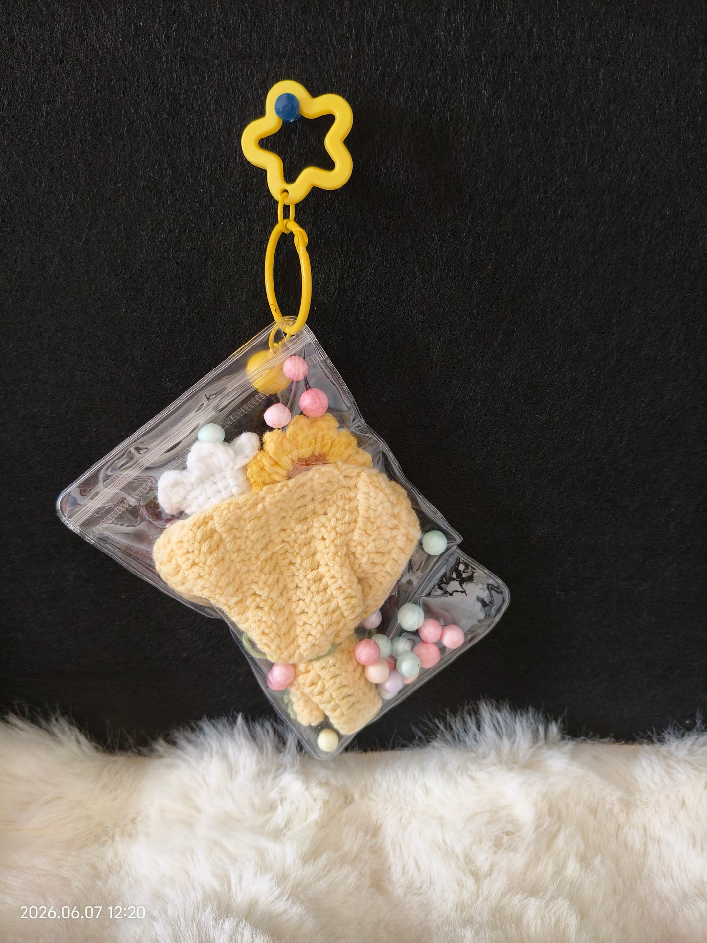 Crochet Mini Bouquet Pendant | Handmade Flower Bunch in Clear Bag with Beads for Bag or Keychain