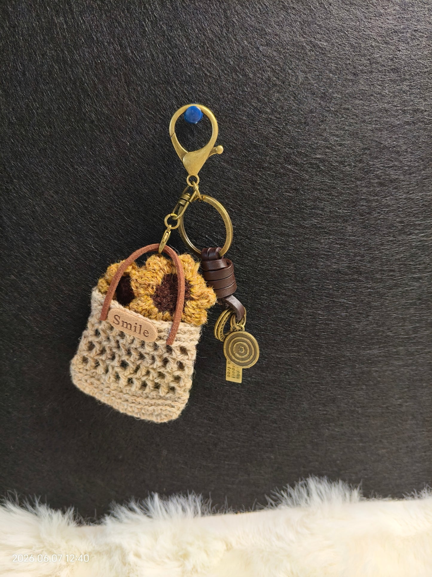 Crochet Sunflower Pendant | Handmade Wool Flower Charm for Bag, Keychain