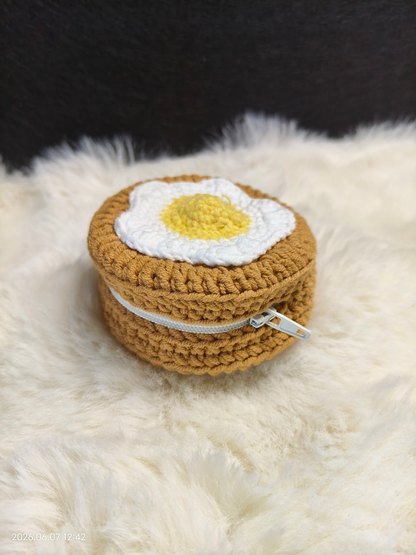 Crochet Fried Egg Earphone Case | Handmade AirPods Pouch or Coin Purse with Strap