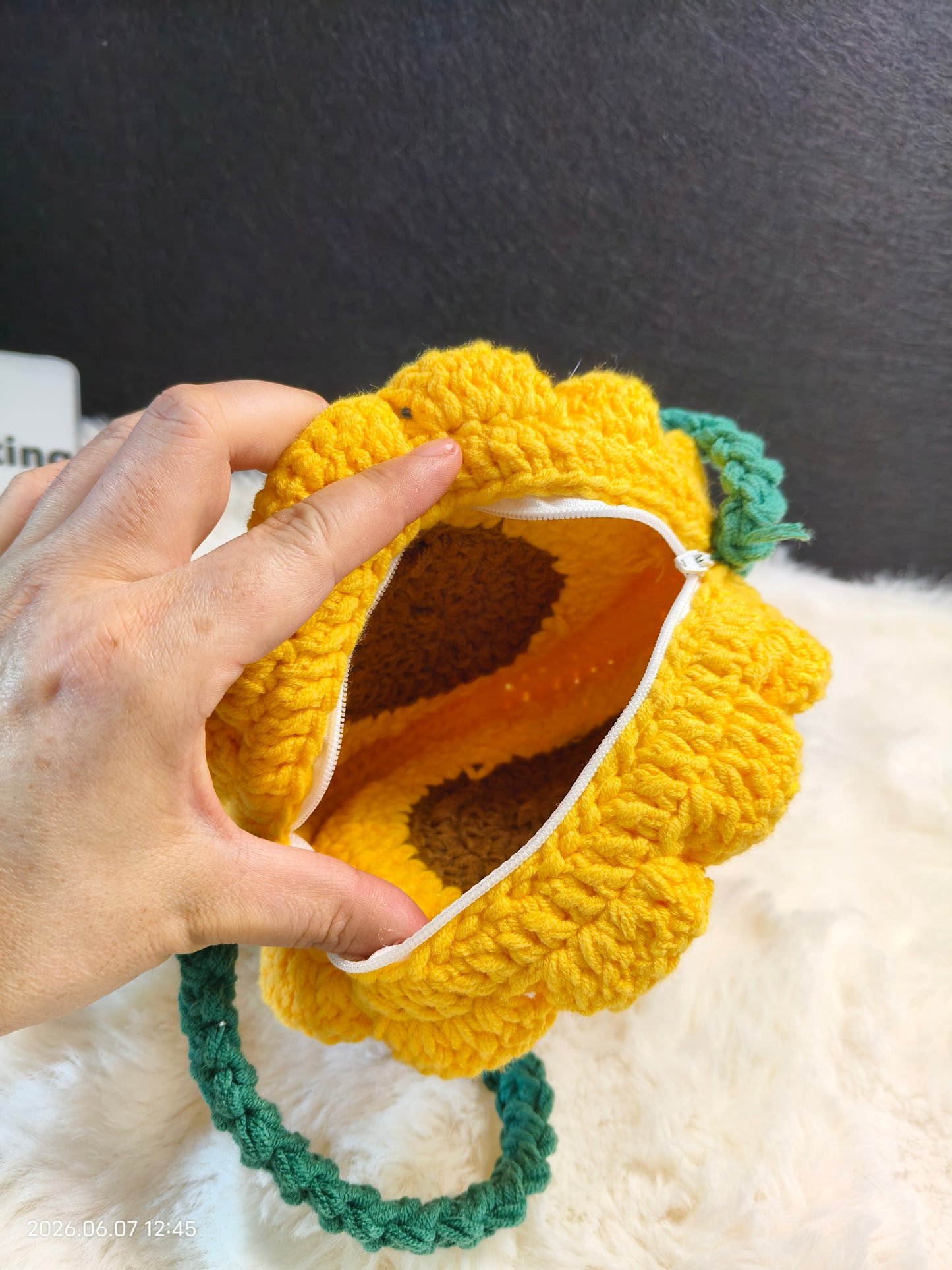 Crochet Sunflower Crossbody Bag | Handmade Round Purse with Zipper and Adjustable Strap