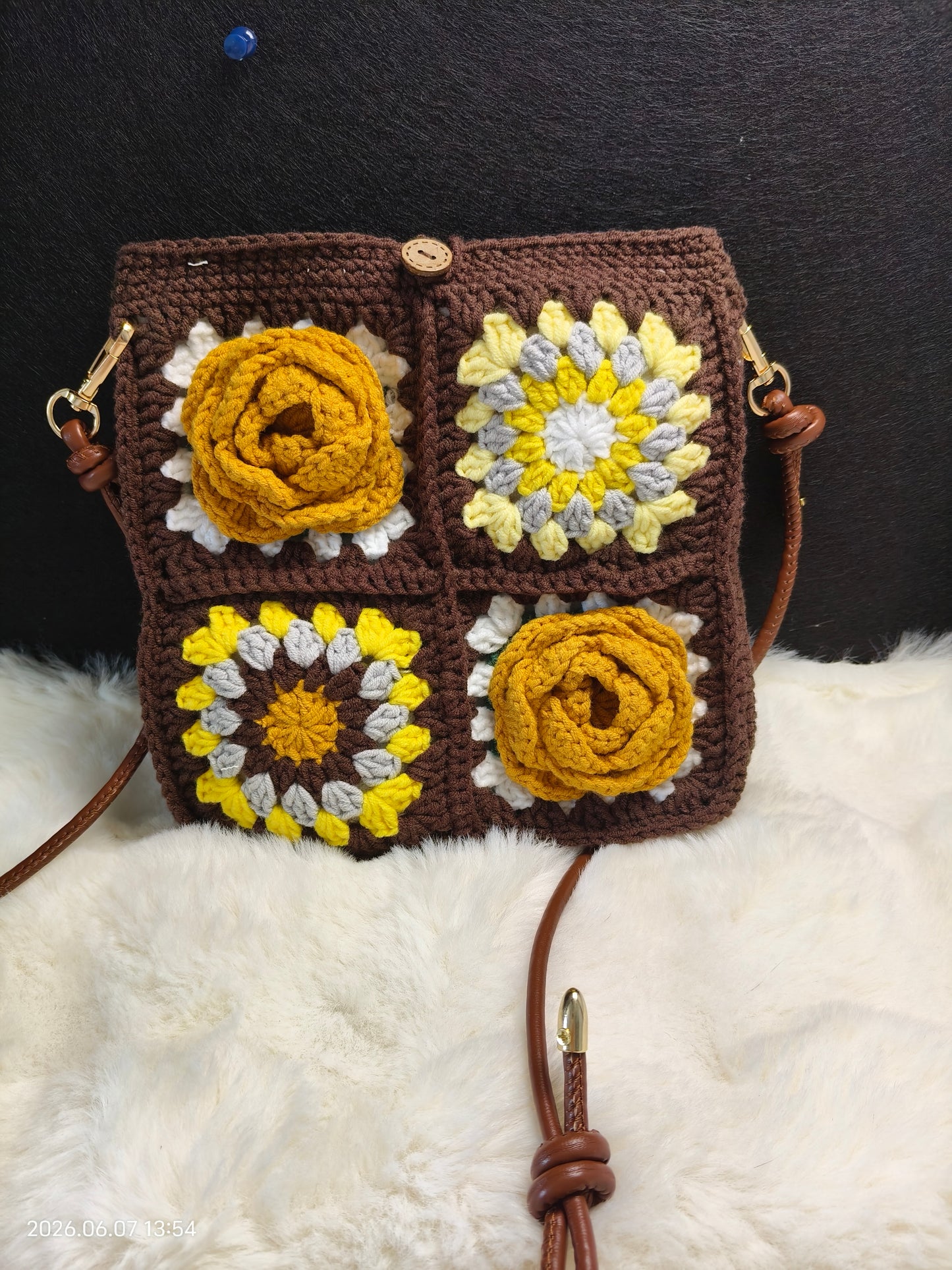 Crochet Granny Square Flower Bag | Handmade Shoulder Bag with Adjustable Strap