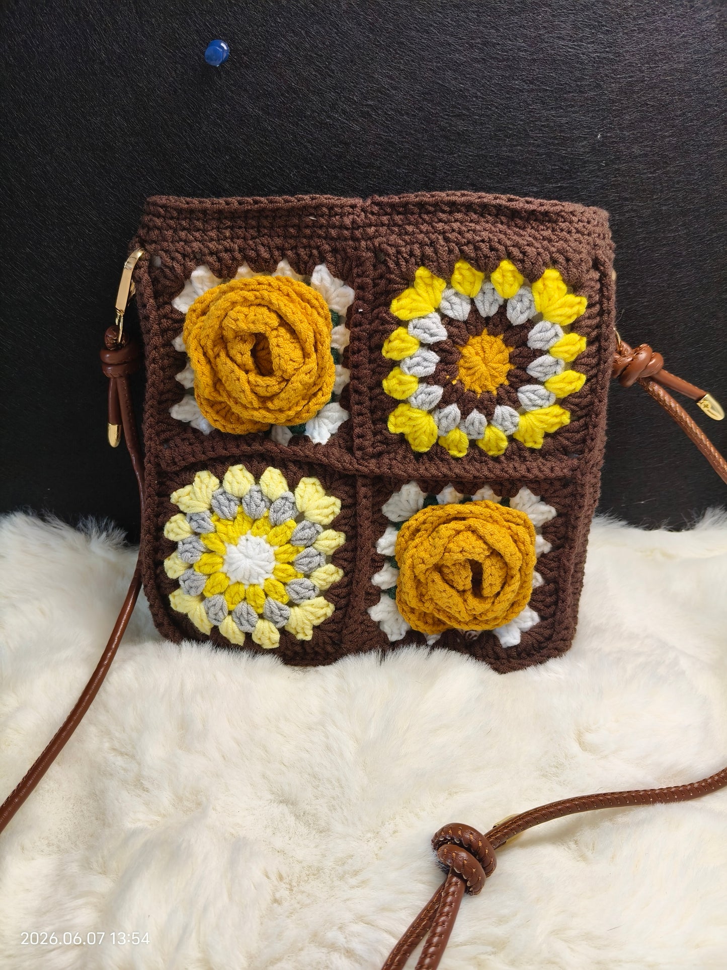 Crochet Granny Square Flower Bag | Handmade Shoulder Bag with Adjustable Strap