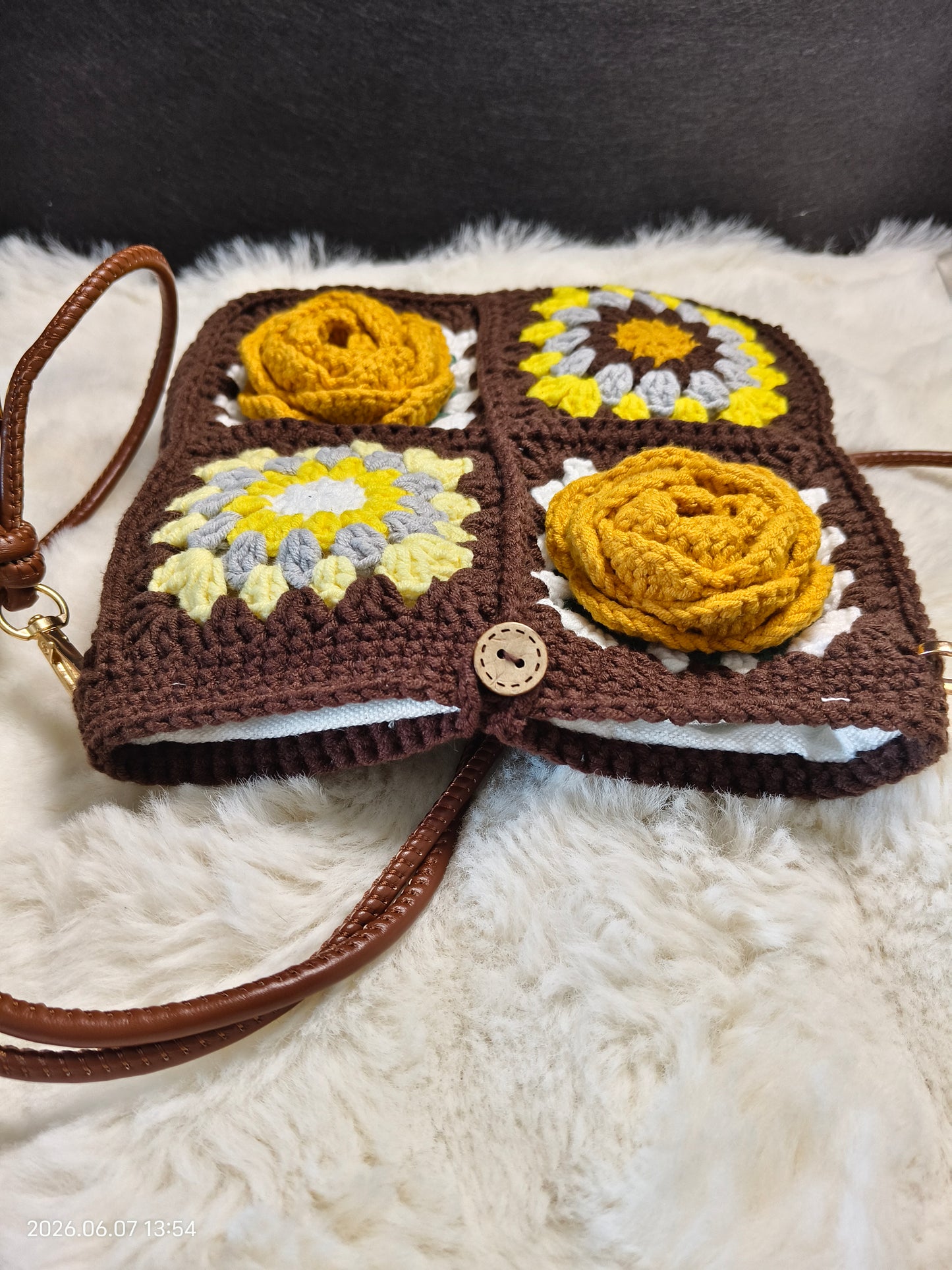 Crochet Granny Square Flower Bag | Handmade Shoulder Bag with Adjustable Strap