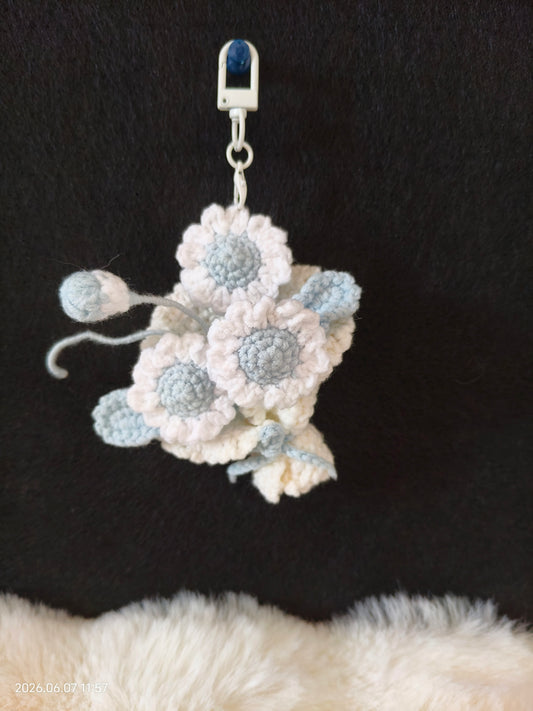 Crochet Blue & White Daisy Bouquet Pendant | Handmade Flower Charm for Bag, Keychain or Car