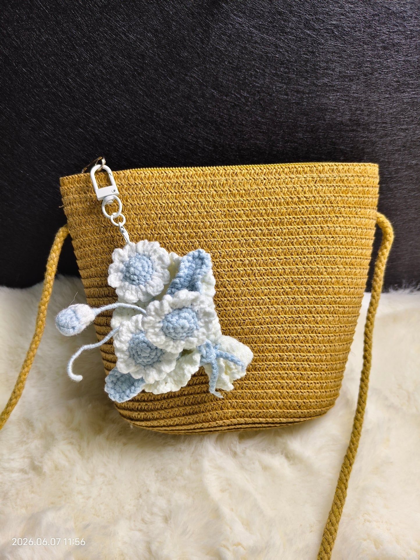 Crochet Blue & White Daisy Bouquet Pendant | Handmade Flower Charm for Bag, Keychain or Car