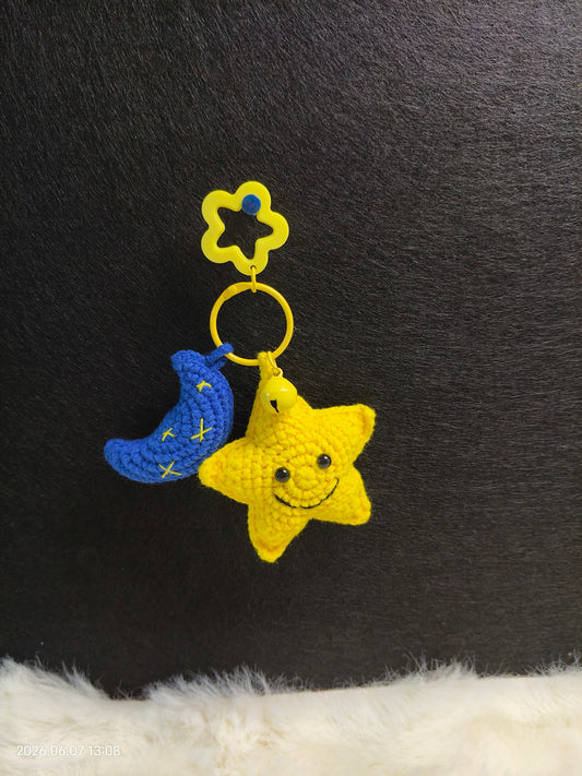 Crochet Star and Moon Keychain | Handmade Celestial Pendant for Keys or Bag