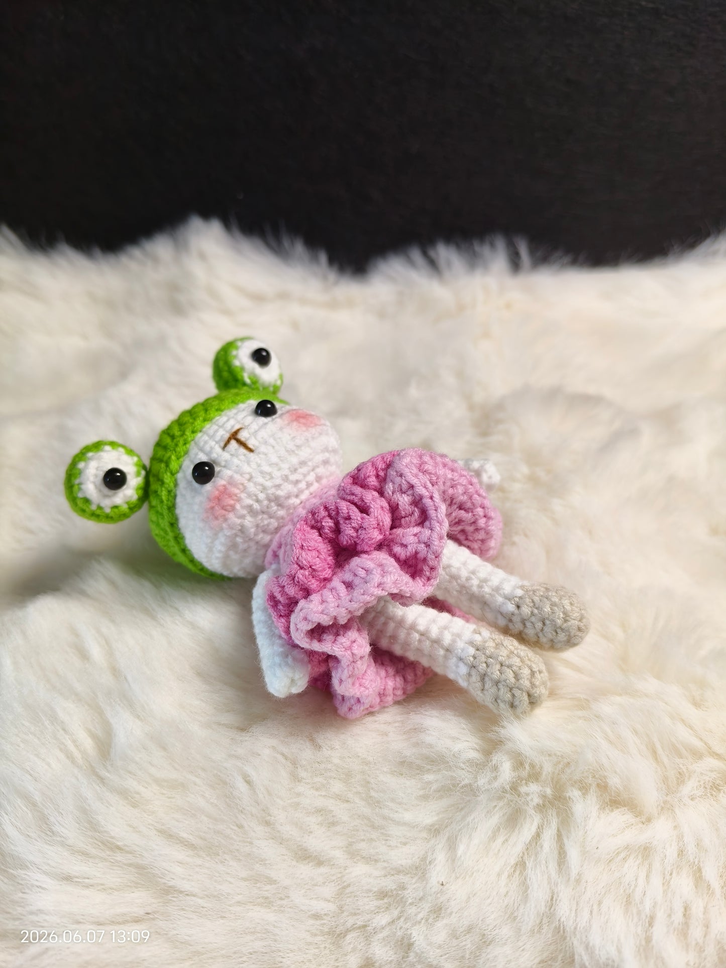 Crochet Bunny in Frog Costume | Handmade Amigurumi with Removable Hat and Dress