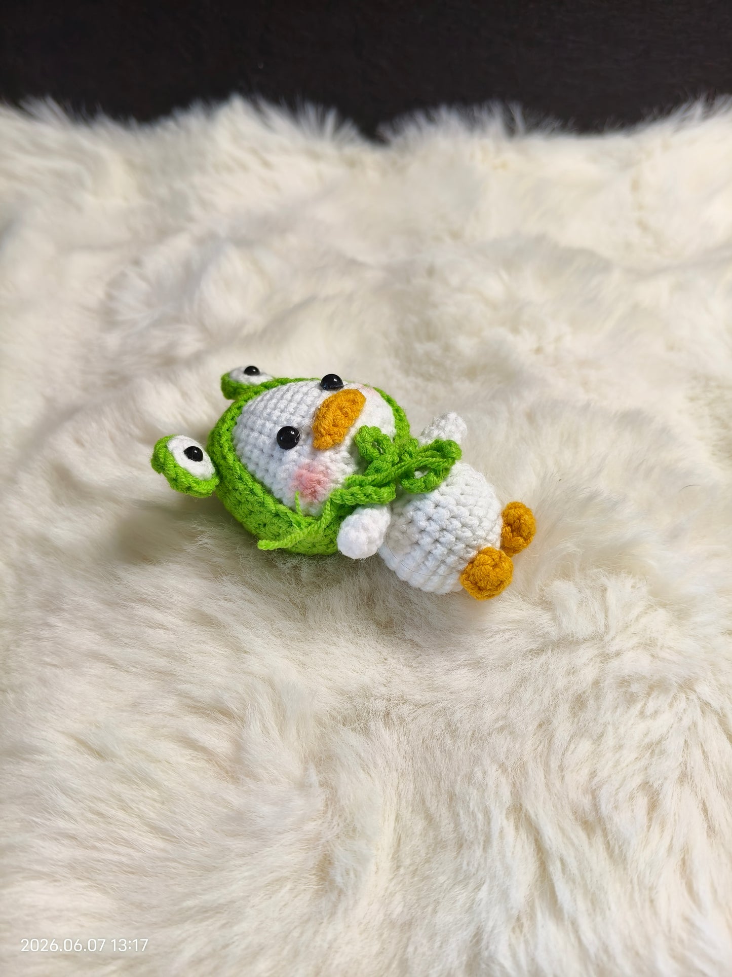 Crochet Duck in Frog Costume | Handmade Amigurumi with Removable Frog Hat