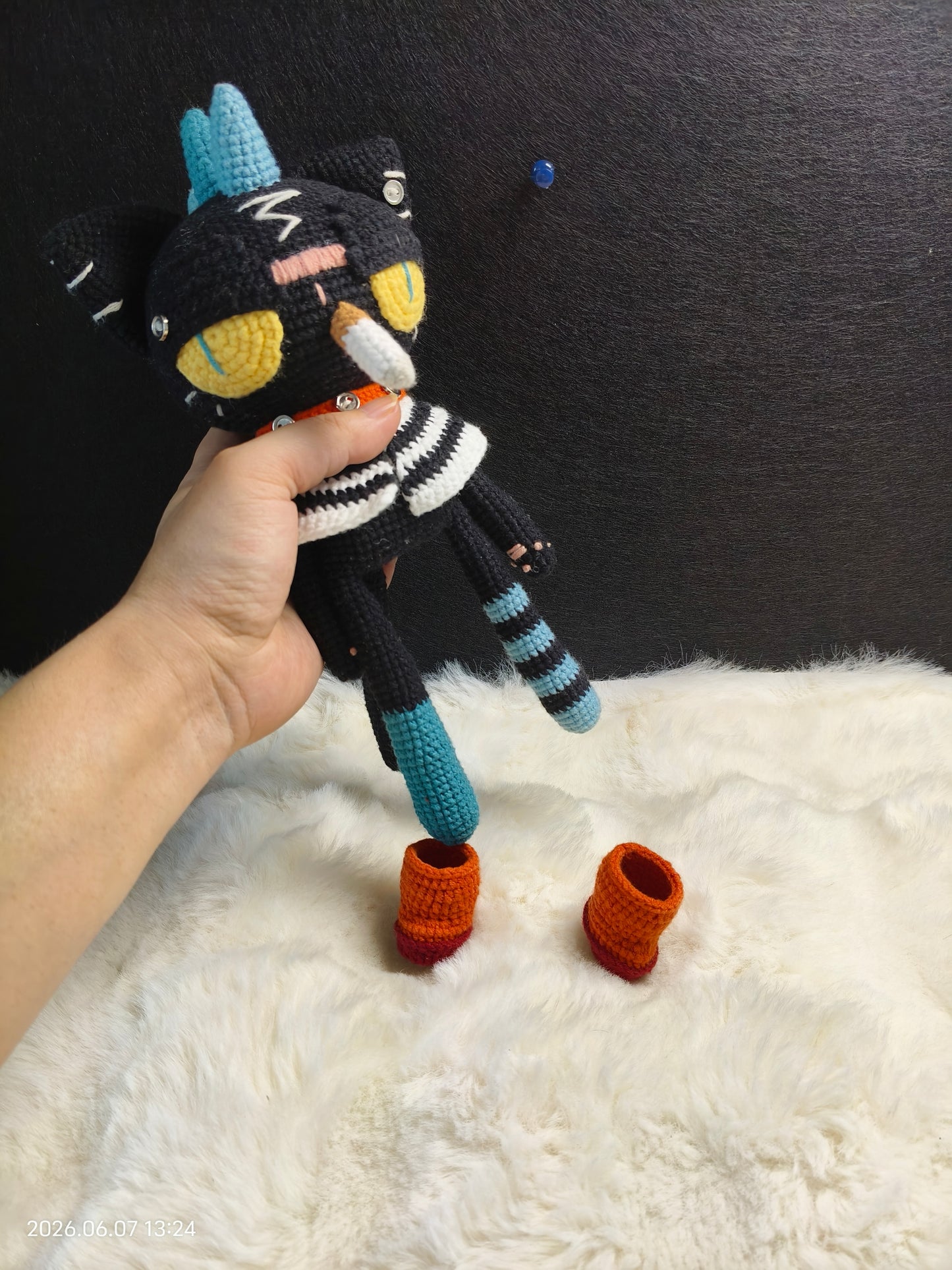 Crochet Punk Rock Cat | Handmade Amigurumi with Removable Boots for Shelf or Gift