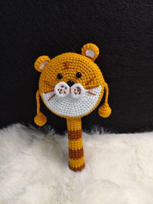 Crochet Tiger Rattle | Handmade Baby Rattle Drum with Amigurumi Tiger for Newborn Gift