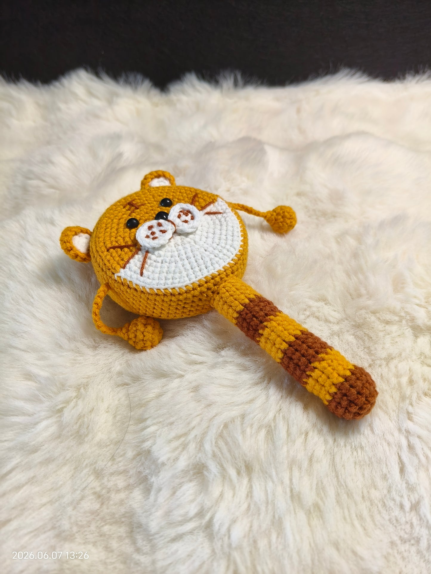 Crochet Tiger Rattle | Handmade Baby Rattle Drum with Amigurumi Tiger for Newborn Gift