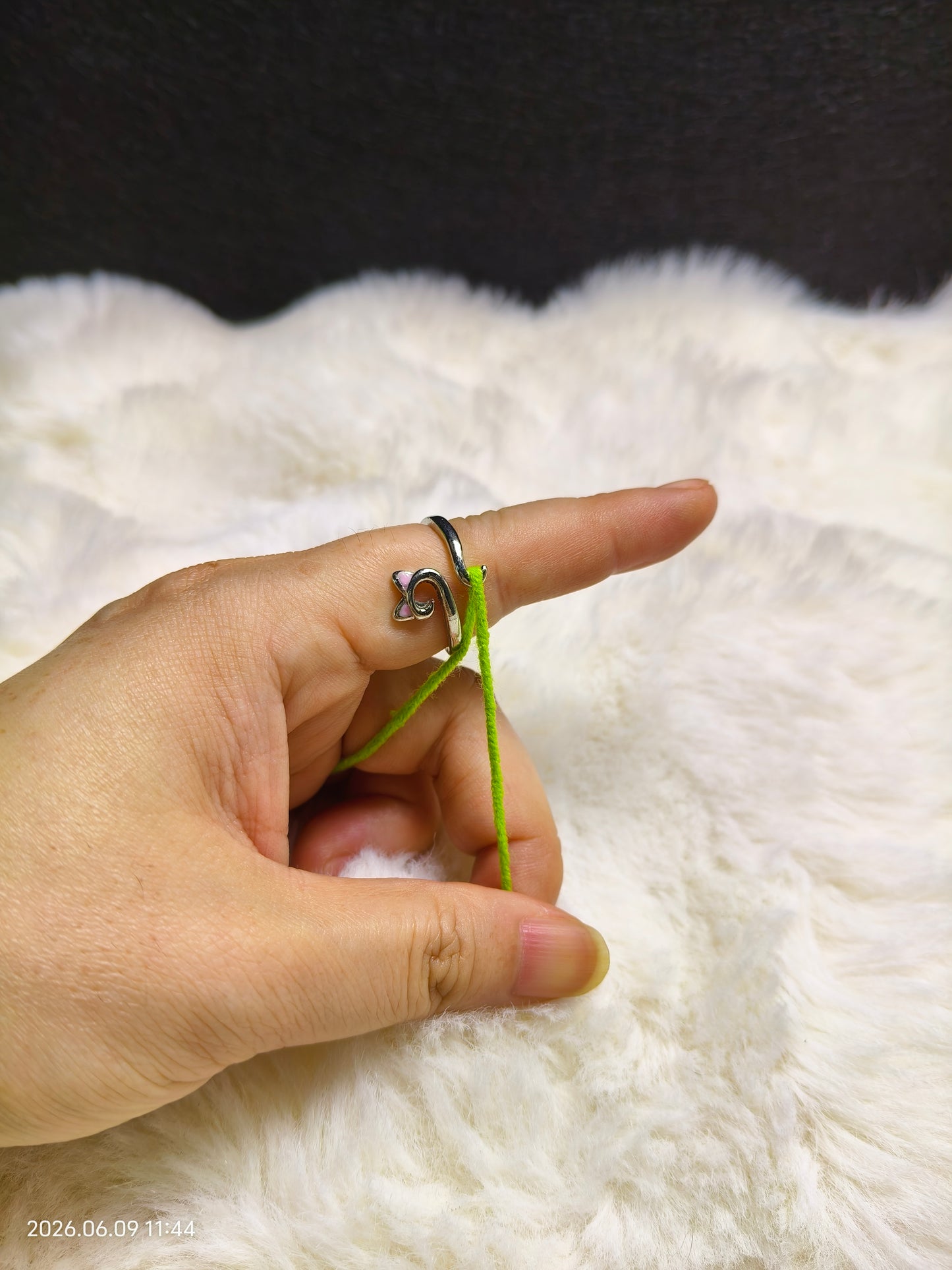 Crochet Tension Ring – Pink Cat Ears + Silver Adjustable Band | Yarn Guide for Even Stitches